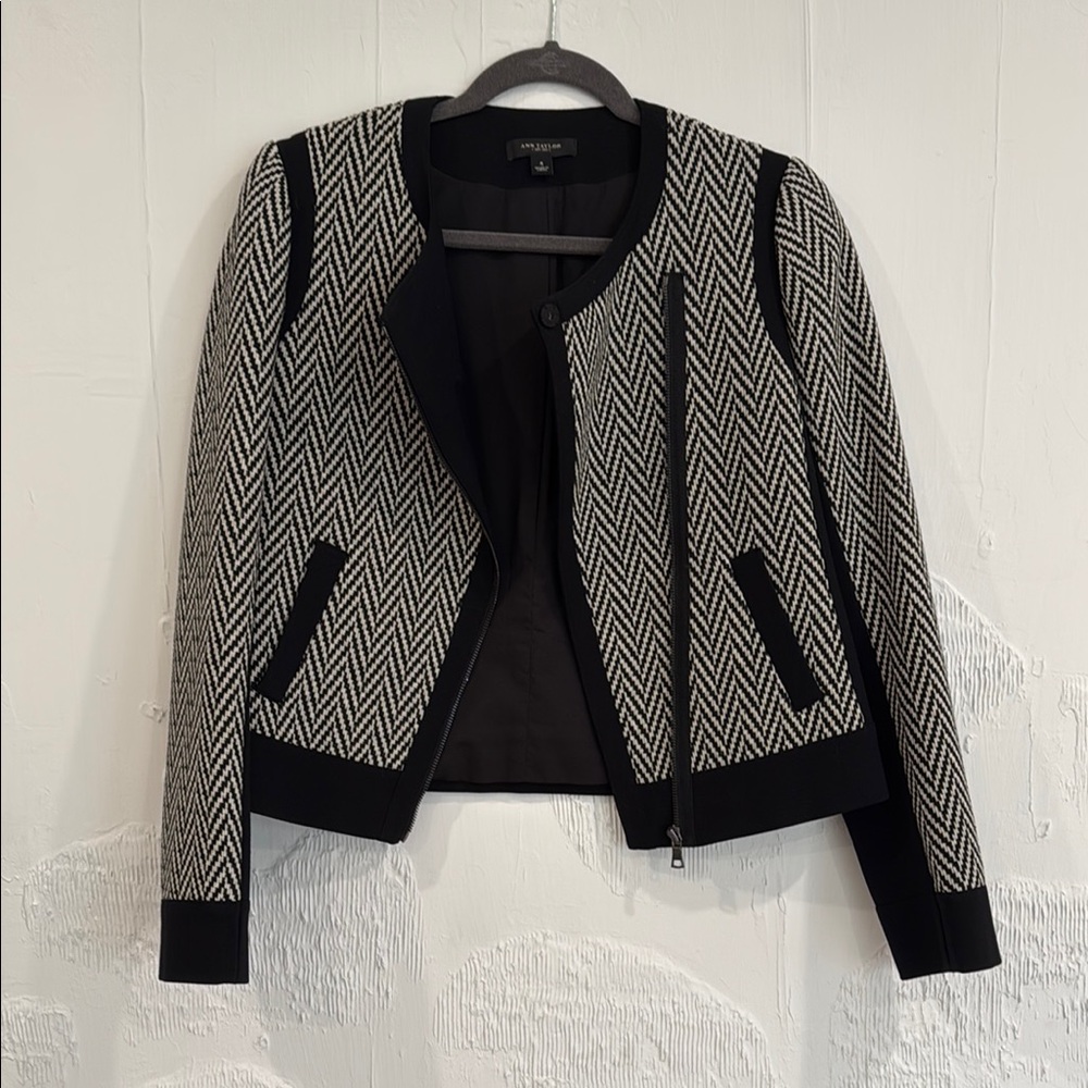 Ann Taylor Black and White Blazer with Black Trim and Cropped Design